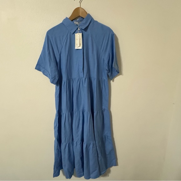 MNG Mango Frill Cotton Shirt Dress Blue Midi Linen Blend Tiered A-Line NWT-8 - Picture 2 of 10